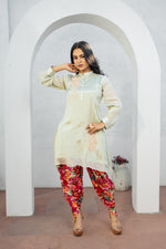 Pista Green Hand Embroidered Co-ord Set with Floral Printed Chinon Tulip Salwar Set