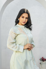Pista Green Hand Embroidered Co-ord Set with Floral Printed Chinon Tulip Salwar Set