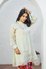 Pista Green Hand Embroidered Co-ord Set with Floral Printed Chinon Tulip Salwar Set