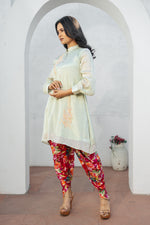 Pista Green Hand Embroidered Co-ord Set with Floral Printed Chinon Tulip Salwar Set