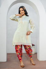 Pista Green Hand Embroidered Co-ord Set with Floral Printed Chinon Tulip Salwar Set