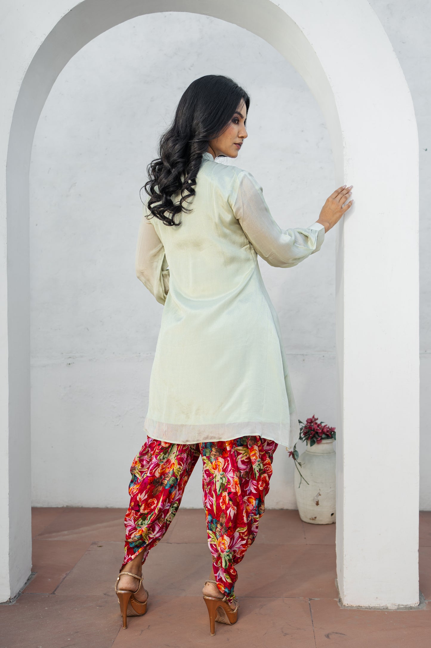 Pista Green Hand Embroidered Co-ord Set with Floral Printed Chinon Tulip Salwar Set
