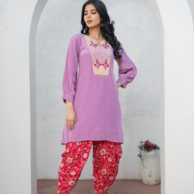 Lilac Hand Embroidered Co-ord Set with Chinon Digital Printed Tulip Salwar Set