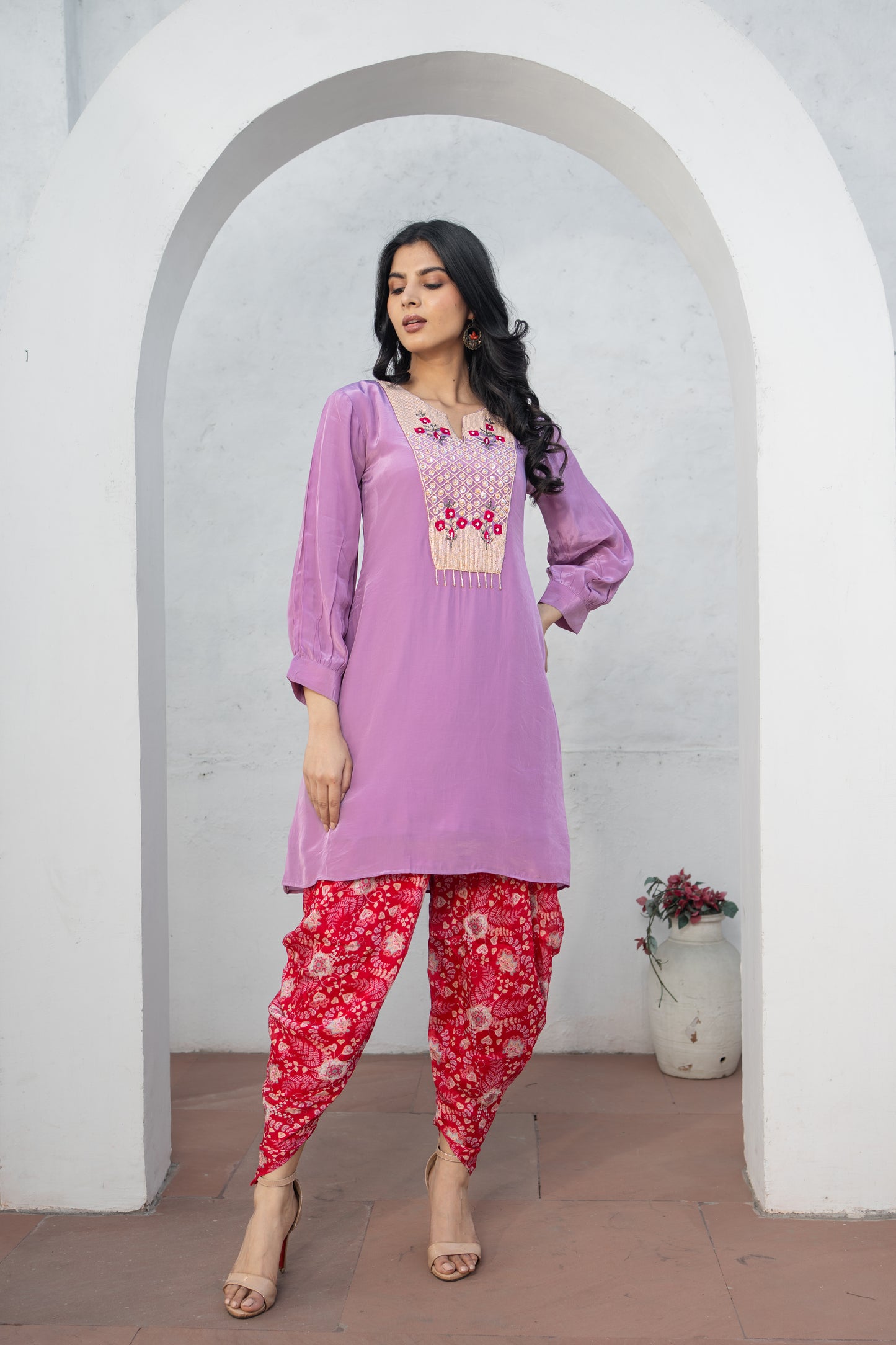 Lilac Hand Embroidered Co-ord Set with Chinon Digital Printed Tulip Salwar Set