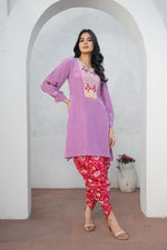 Lilac Hand Embroidered Co-ord Set with Chinon Digital Printed Tulip Salwar Set