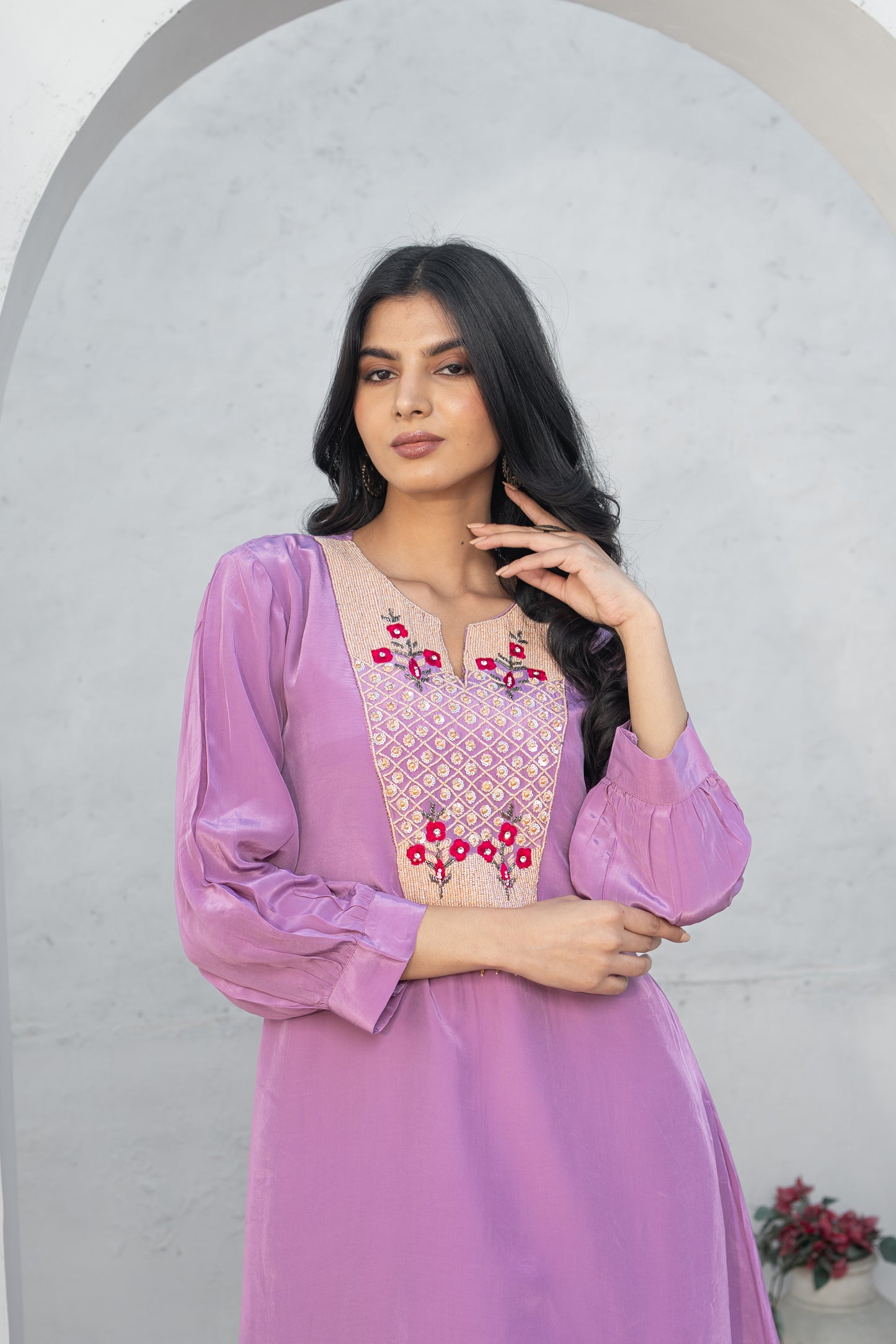 Lilac Hand Embroidered Co-ord Set with Chinon Digital Printed Tulip Salwar Set