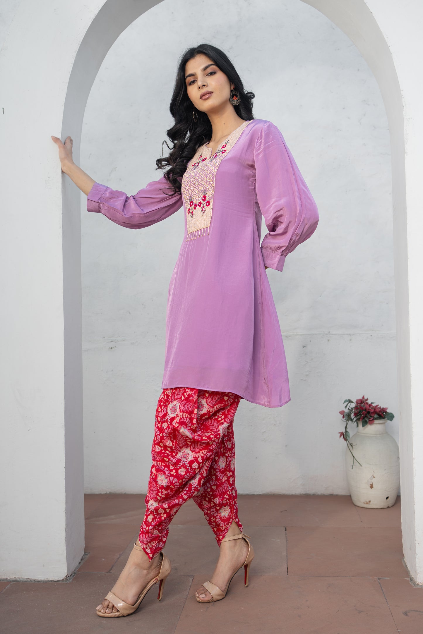 Lilac Hand Embroidered Co-ord Set with Chinon Digital Printed Tulip Salwar Set