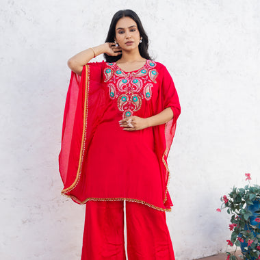 Pure Chinon Rani Colour Hand Embroidered Kaftan with Plazo Pant Set