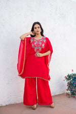 Pure Chinon Rani Colour Hand Embroidered Kaftan with Plazo Pant Set