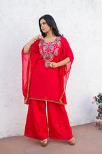 Pure Chinon Rani Colour Hand Embroidered Kaftan with Plazo Pant Set