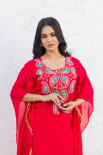 Pure Chinon Rani Colour Hand Embroidered Kaftan with Plazo Pant Set