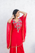 Pure Chinon Rani Colour Hand Embroidered Kaftan with Plazo Pant Set