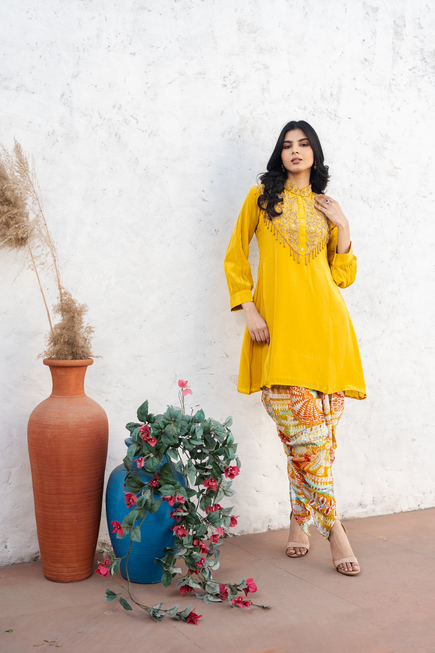 Mustard Pure Crepe Co-ord Set with Printed Pure Chinon Tulip Salwar Set
