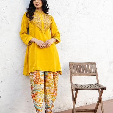 Mustard Pure Crepe Co-ord Set with Printed Pure Chinon Tulip Salwar Set