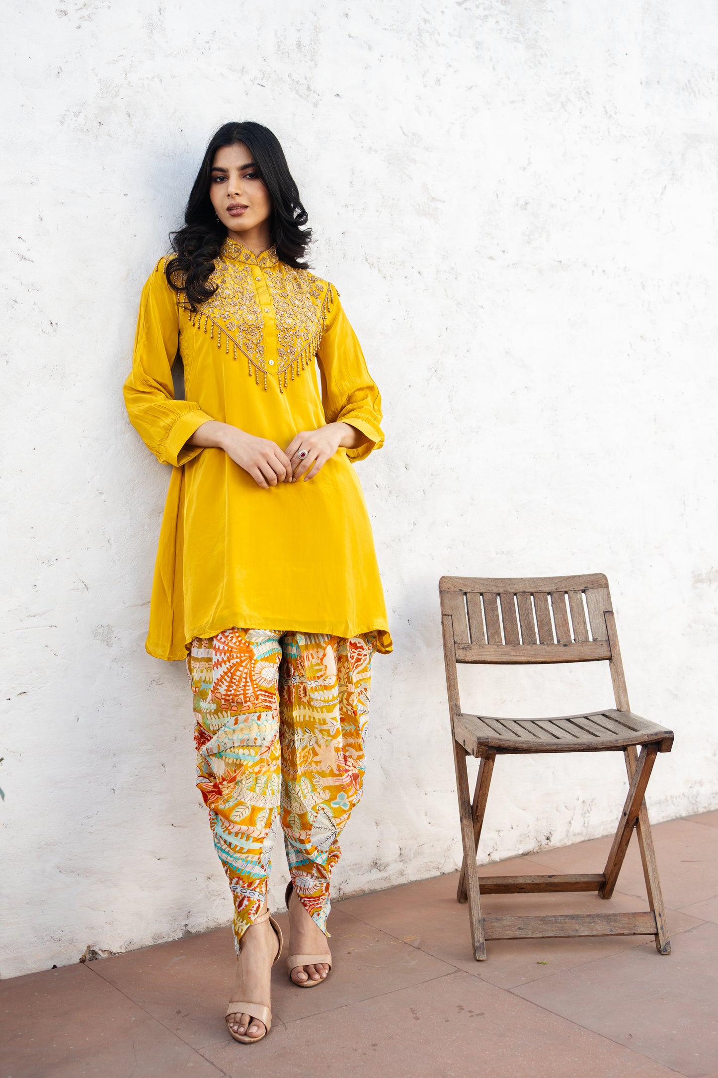 Mustard Pure Crepe Co-ord Set with Printed Pure Chinon Tulip Salwar Set