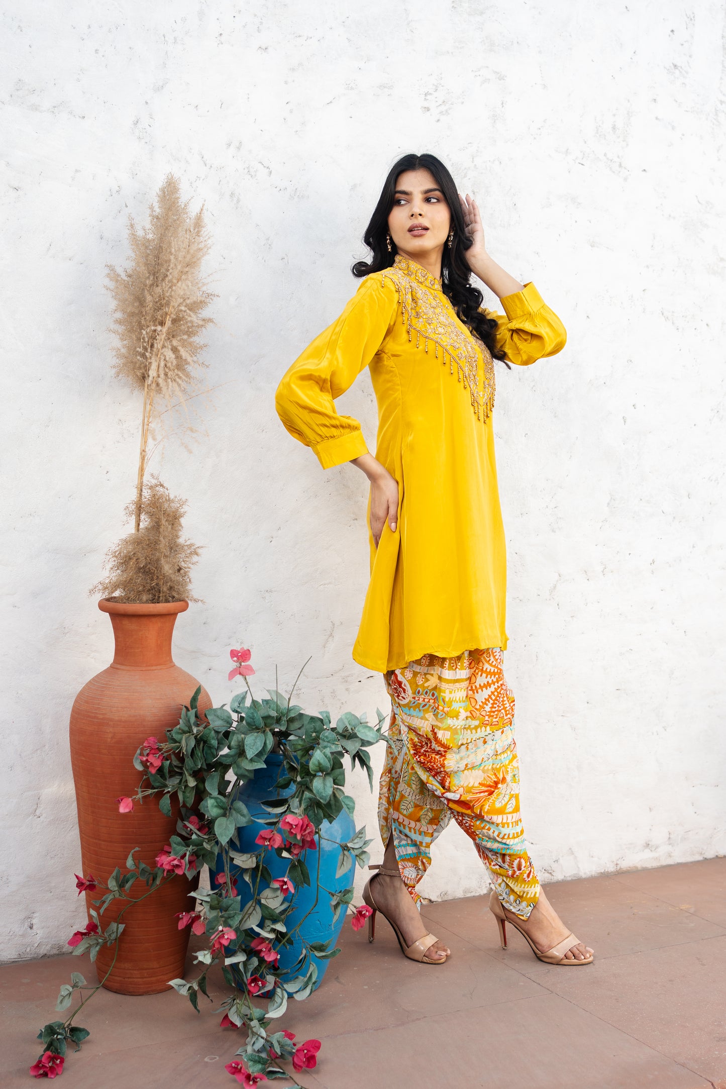 Mustard Pure Crepe Co-ord Set with Printed Pure Chinon Tulip Salwar Set