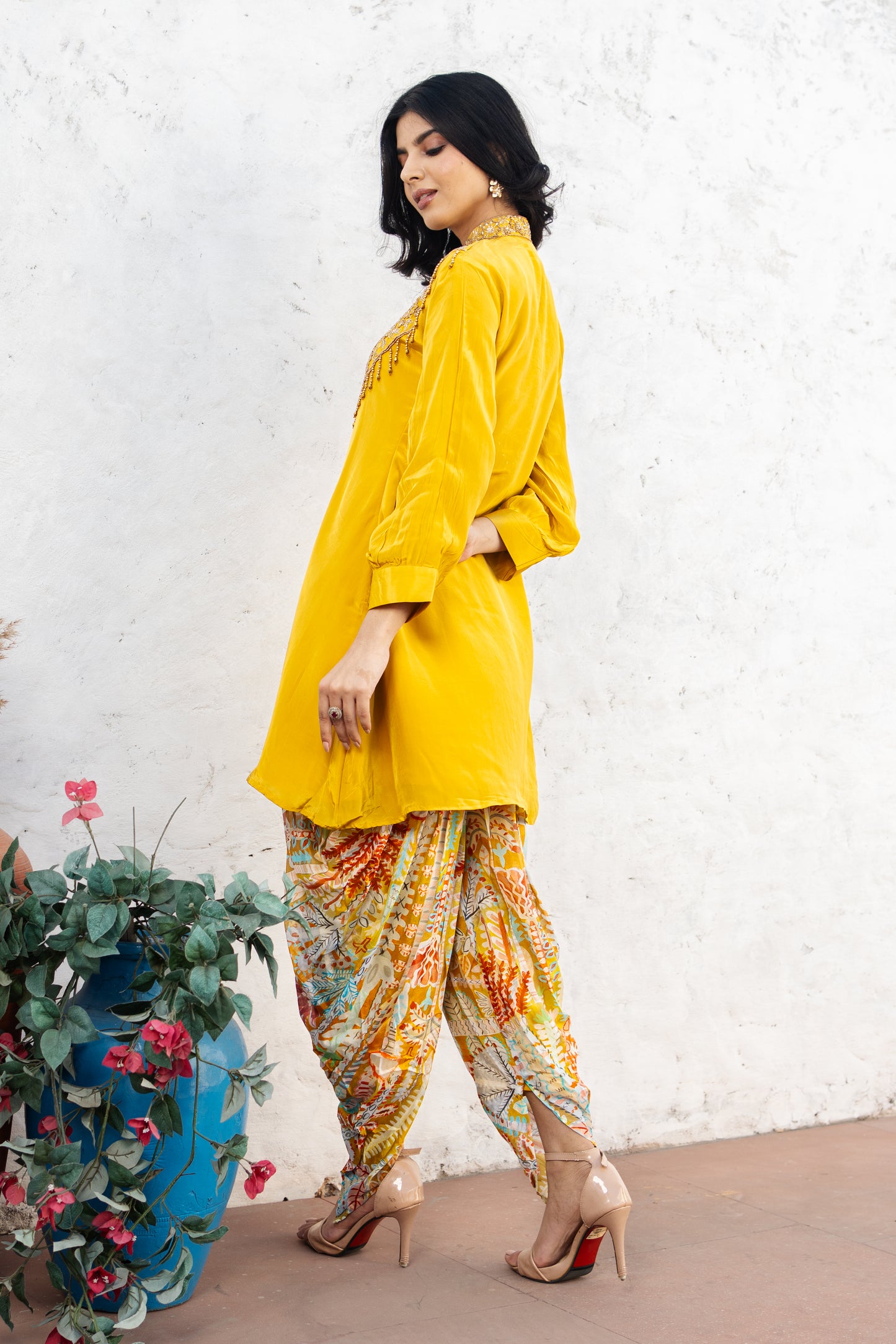 Mustard Pure Crepe Co-ord Set with Printed Pure Chinon Tulip Salwar Set