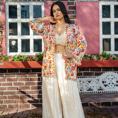 Printed Pure Chinon Hand Embroidered Indo Western with Ivory Jacket and Plazo Set