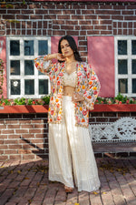 Printed Pure Chinon Hand Embroidered Indo Western with Ivory Jacket and Plazo Set