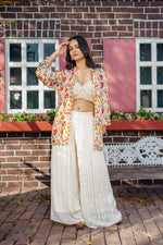 Printed Pure Chinon Hand Embroidered Indo Western with Ivory Jacket and Plazo Set
