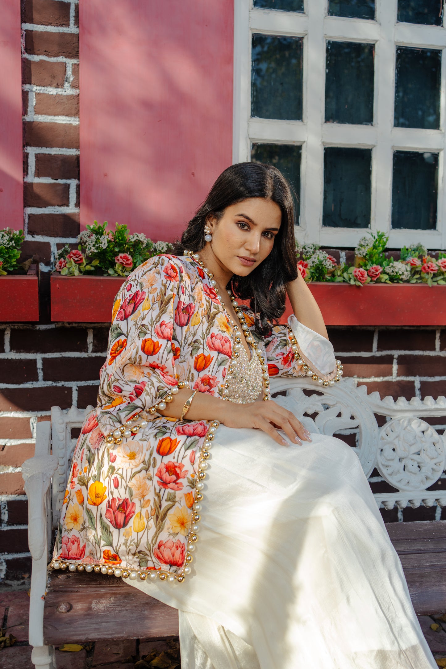Printed Pure Chinon Hand Embroidered Indo Western with Ivory Jacket and Plazo Set