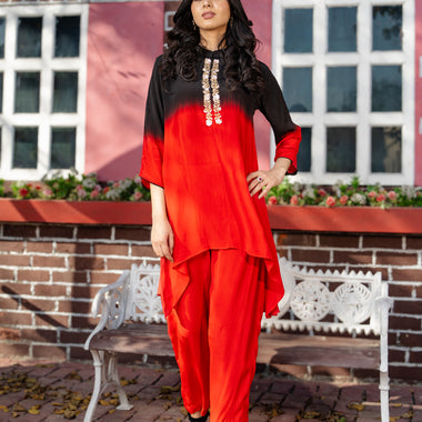 Black & Red Ombre Hand Embroidered Co-ord Set with Crepe Straight Pant Set