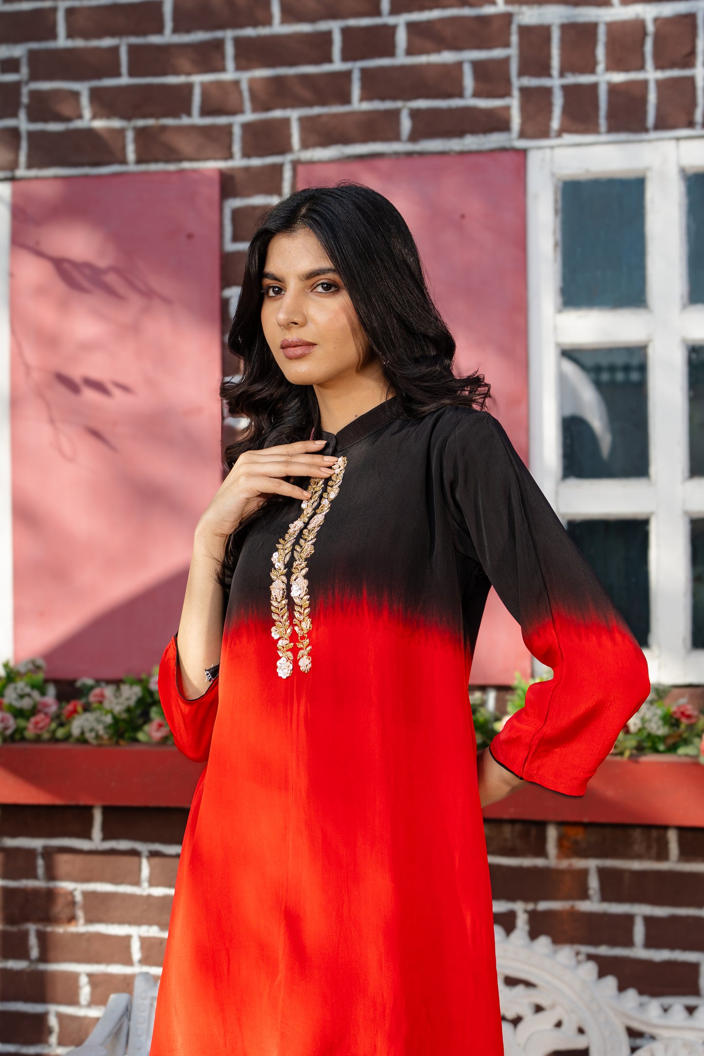 Black & Red Ombre Hand Embroidered Co-ord Set with Crepe Straight Pant Set