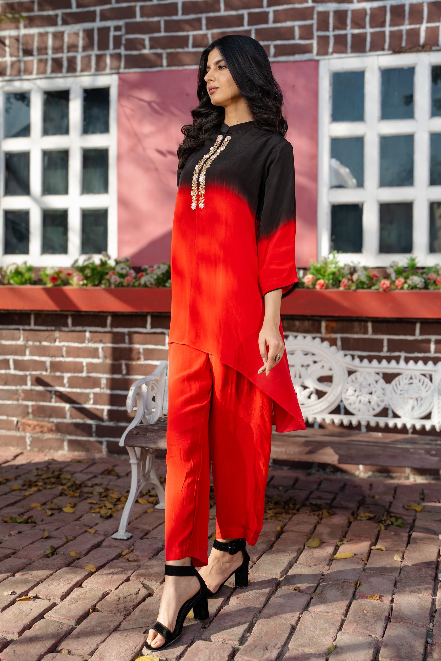 Black & Red Ombre Hand Embroidered Co-ord Set with Crepe Straight Pant Set