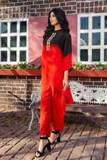 Black & Red Ombre Hand Embroidered Co-ord Set with Crepe Straight Pant Set