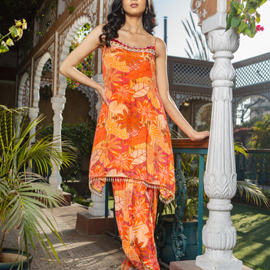 Pure Chinon Hand Embroidered Mirror work Co-ord Set with Tulip Salwar Set