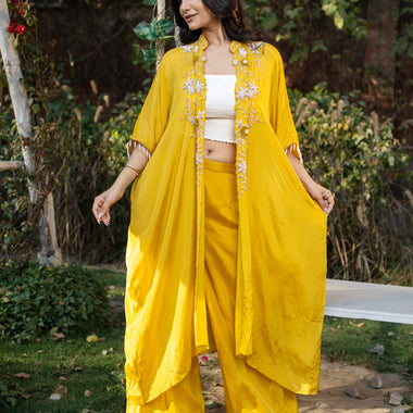 Pure Chinon Mustard Hand Embroidered Indo Western with Tube Top & Plazo Set