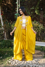 Pure Chinon Mustard Hand Embroidered Indo Western with Tube Top & Plazo Set