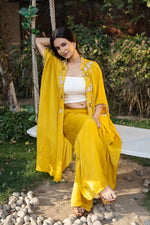 Pure Chinon Mustard Hand Embroidered Indo Western with Tube Top & Plazo Set