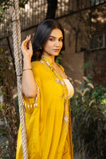 Pure Chinon Mustard Hand Embroidered Indo Western with Tube Top & Plazo Set
