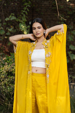 Pure Chinon Mustard Hand Embroidered Indo Western with Tube Top & Plazo Set