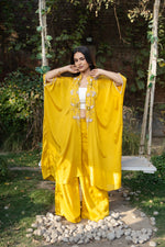 Pure Chinon Mustard Hand Embroidered Indo Western with Tube Top & Plazo Set