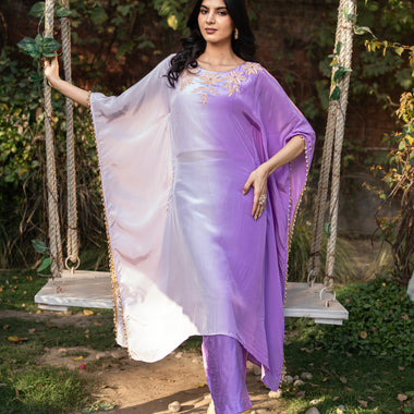 Lilac Purple Ombre Kaftan Hand Embroidered with Straight Pant Set