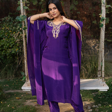 Purple Hand Embroidered Pure Crepe Kaftan with Crepe Straight Pant Set
