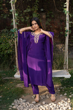 Purple Hand Embroidered Pure Crepe Kaftan with Crepe Straight Pant Set
