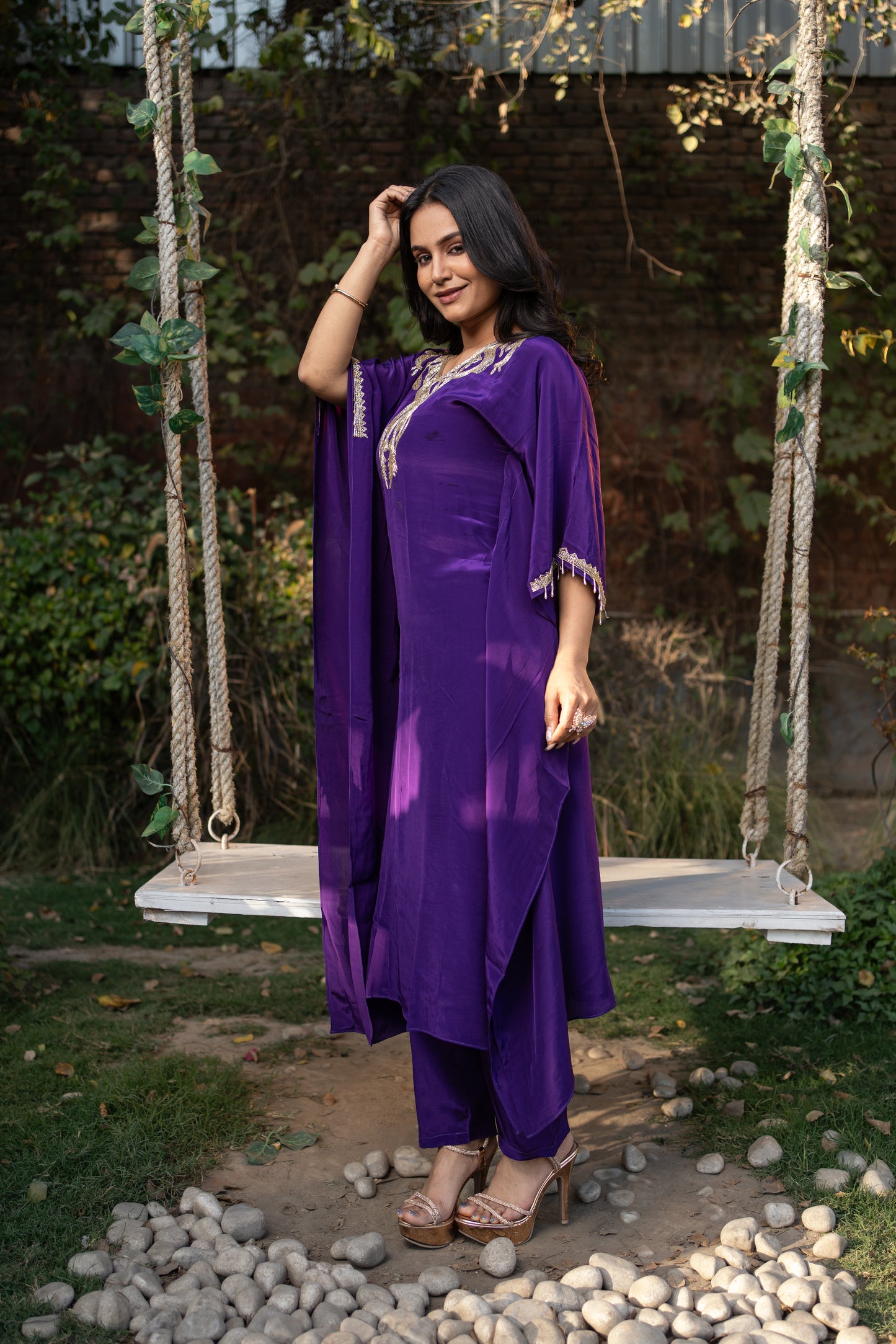 Purple Hand Embroidered Pure Crepe Kaftan with Crepe Straight Pant Set