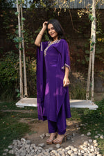 Purple Hand Embroidered Pure Crepe Kaftan with Crepe Straight Pant Set
