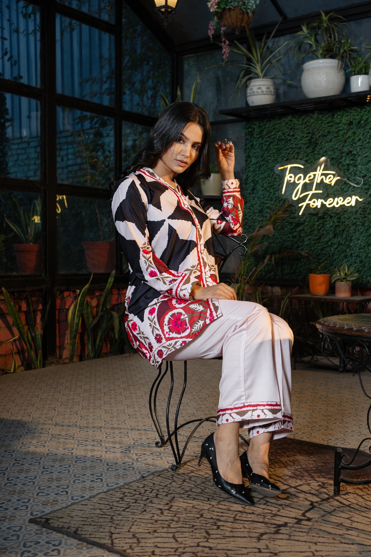Black Printed Stylish Co-ord Set in Modal Satin Fabric