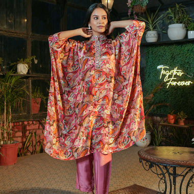 Printed Pure Crepe Hand Embroidered Kaftan with Crepe Trouser Set