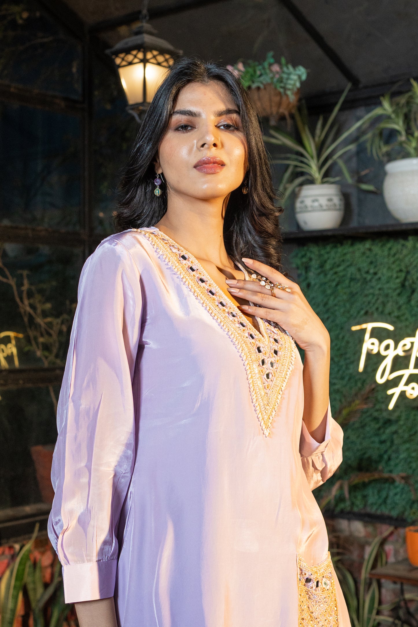 Lilac Pure Crepe Co-ord Set with Chinon Printed Tulip Salwar Set