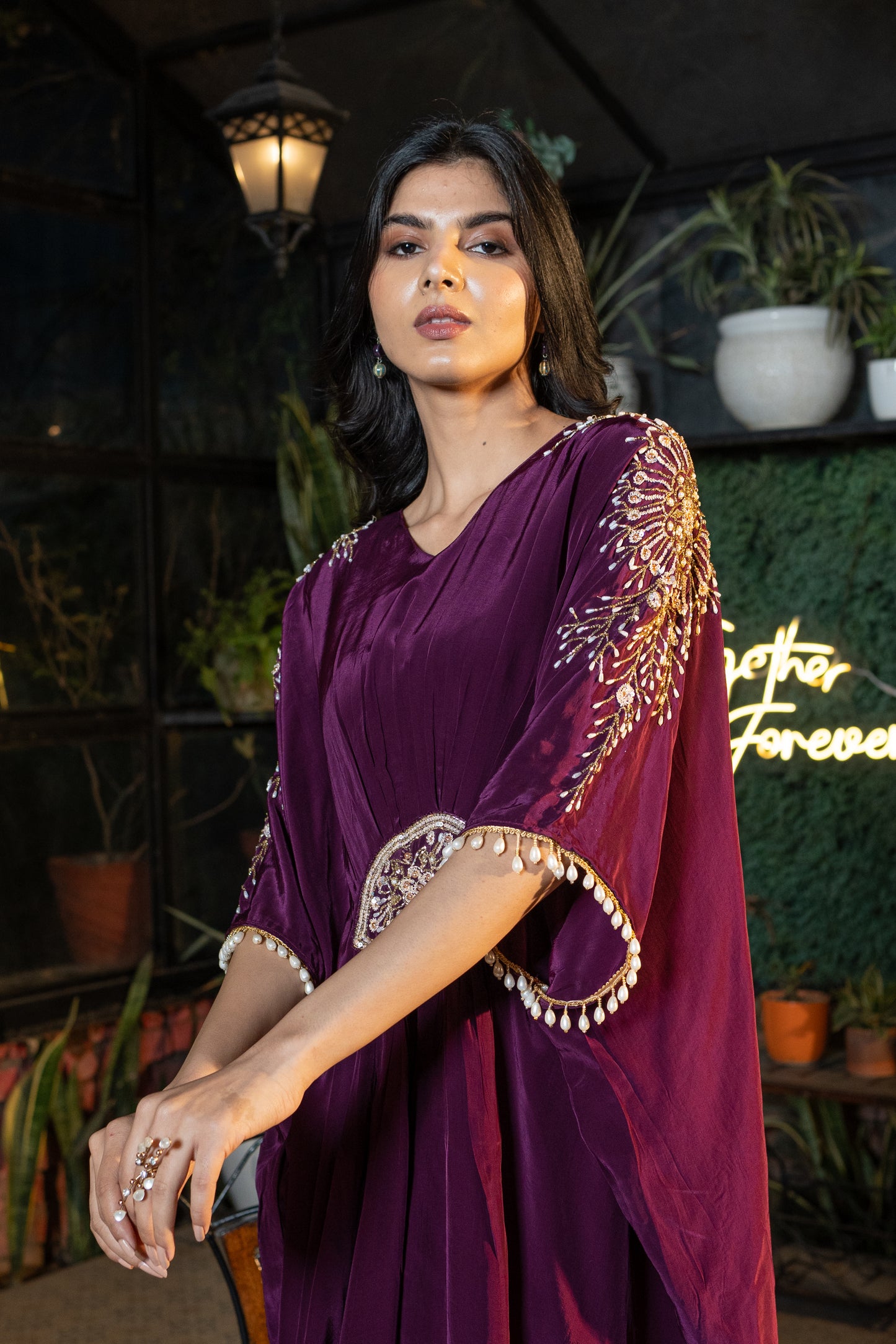 Wine Hand Embroidered Pure Crepe Kaftan with Crepe Trouser Set
