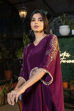 Wine Hand Embroidered Pure Crepe Kaftan with Crepe Trouser Set