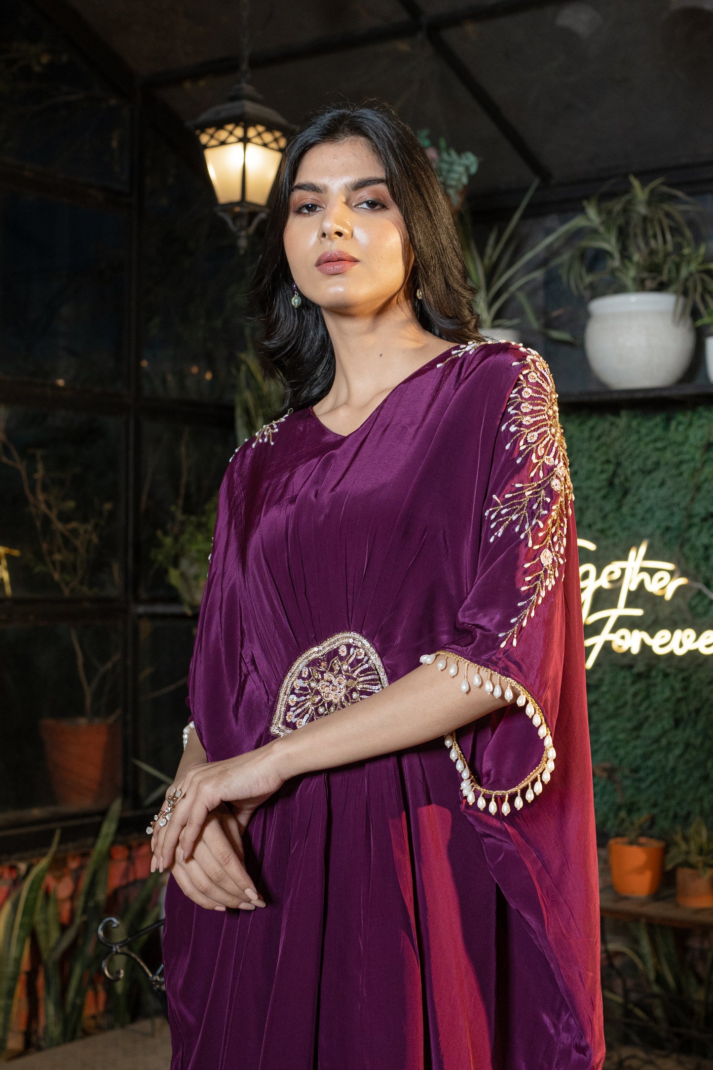 Wine Hand Embroidered Pure Crepe Kaftan with Crepe Trouser Set