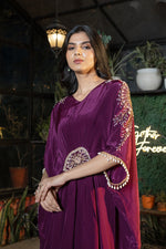 Wine Hand Embroidered Pure Crepe Kaftan with Crepe Trouser Set
