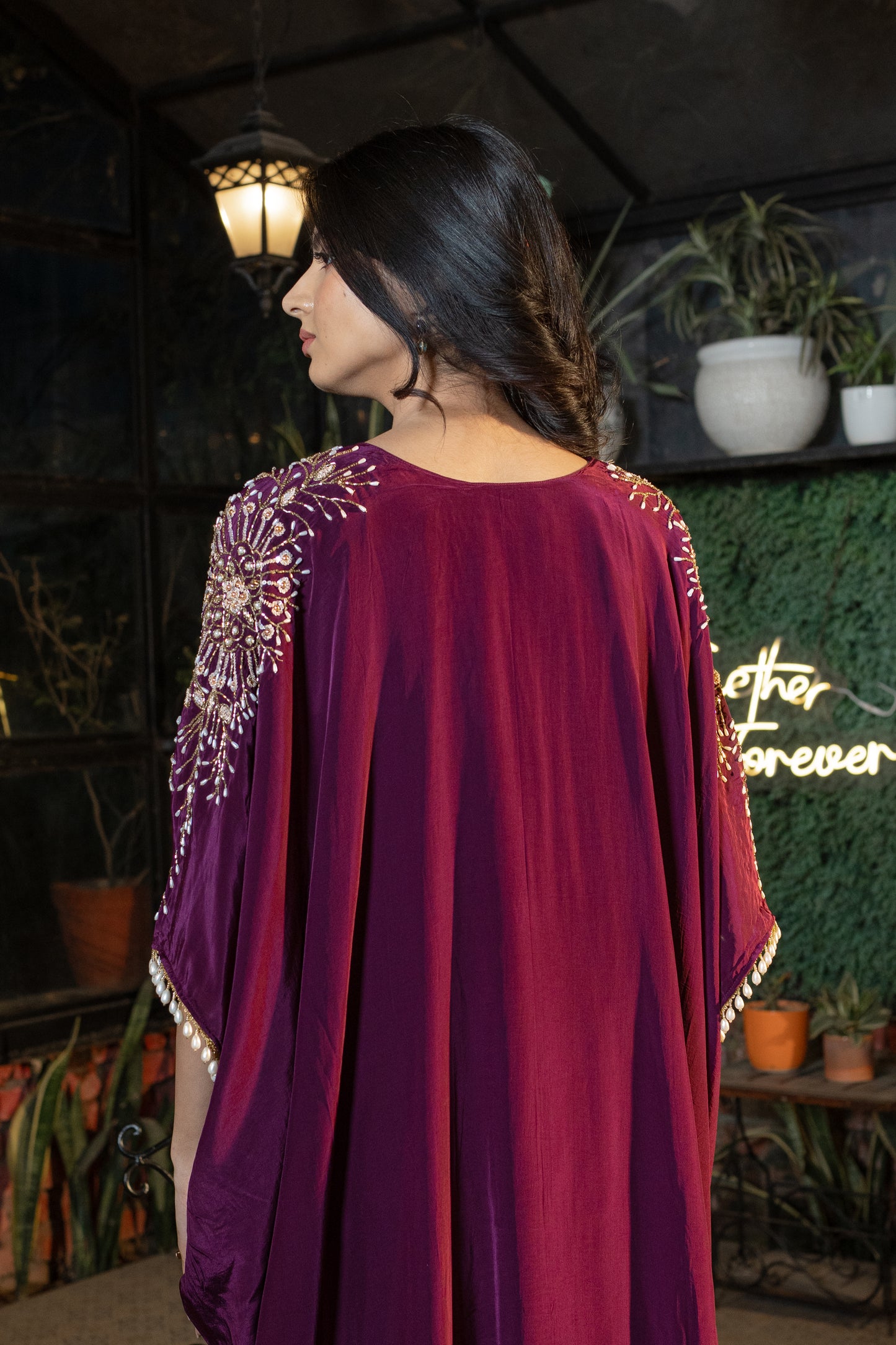 Wine Hand Embroidered Pure Crepe Kaftan with Crepe Trouser Set