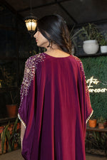 Wine Hand Embroidered Pure Crepe Kaftan with Crepe Trouser Set